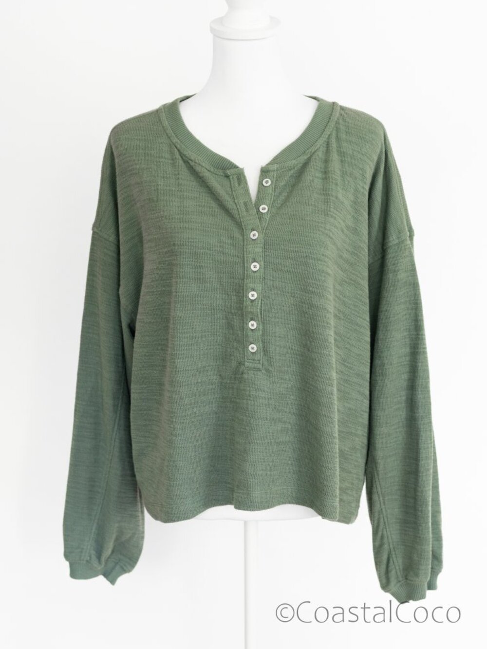 Aerie Womens Henley Top L Green Oversize Lounge Waffle Knit Casual Boxy Travel